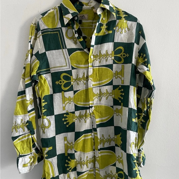 Linen Green and Yellow Chess Pattern Shirt Hermes button up - Picture 1 of 5